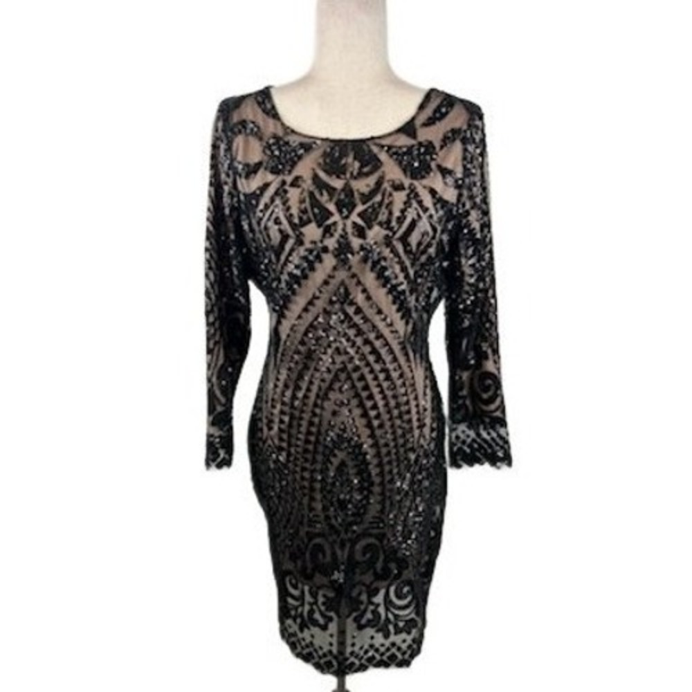 Gianni‎ Bini Women's Black Nude Sequin Embellished Long Sleeve Dress Size Large